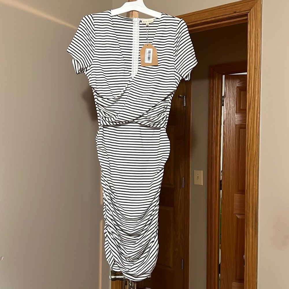 NWT Main Strip, womens black and white striped, wrap/body con dress. Size small.